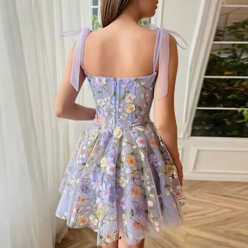 Three-dimensional Flower Embroidered Sheath Sexy Sling Dress - BabynBeauty
