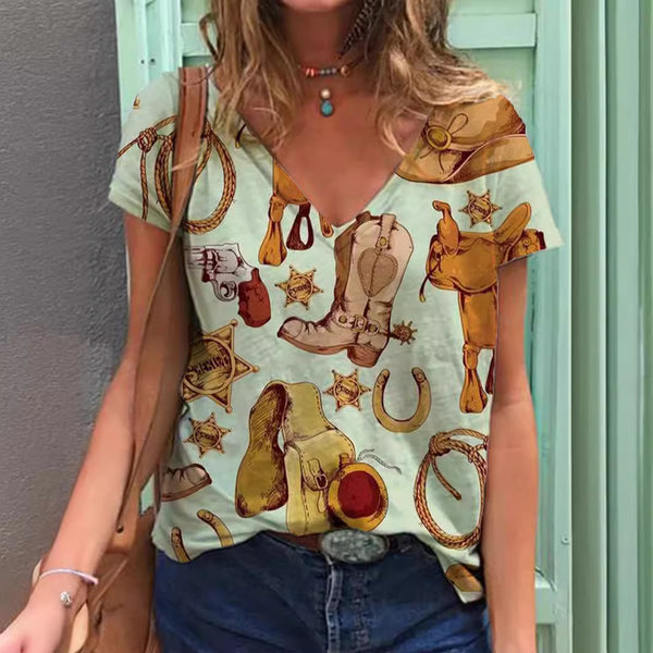 Retro Pattern 3D Printed V-neck Short-sleeved T-shirt Women's Top - BabynBeauty