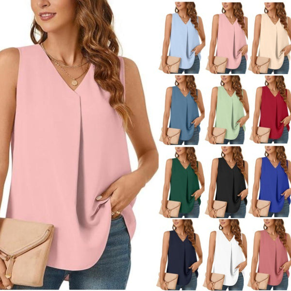 Summer New Women's Loose Shirt Solid Color Top T-shirt Chiffon Tank Top - BabynBeauty