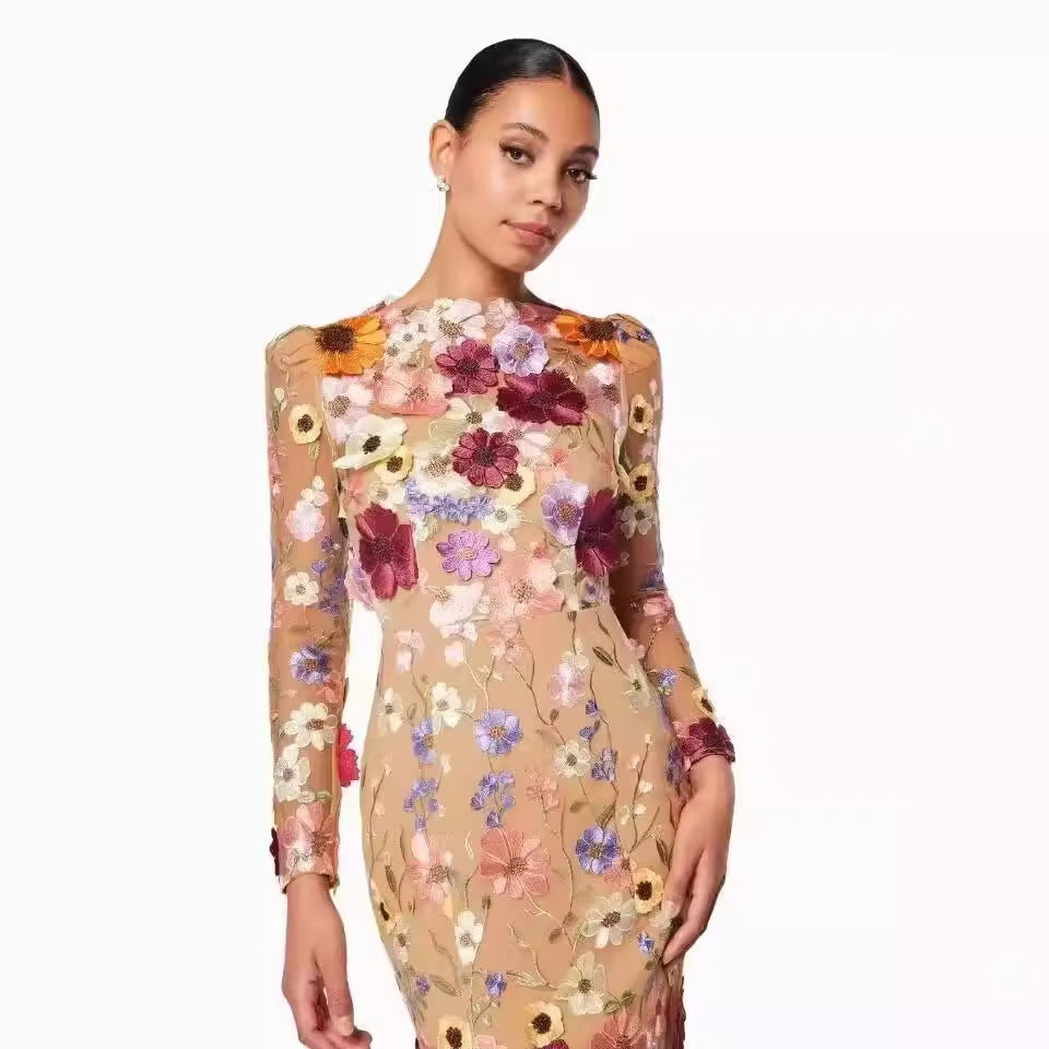 Colorful Three-dimensional Flower Embroidery Mesh Slim Fit Sheath Fishtail Dress - BabynBeauty