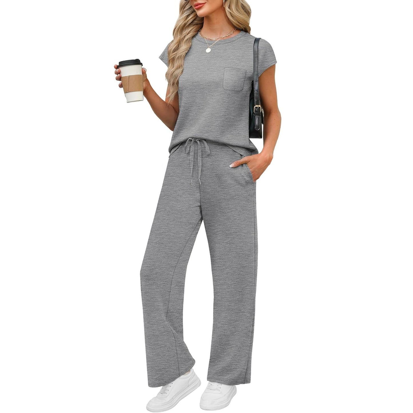 Round Neck Loose Short Sleeves Pocket Two-piece Pants Casual Suit