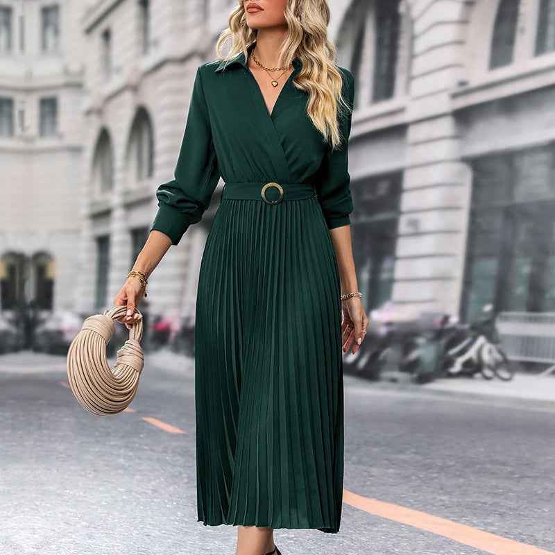 Lapel Shirt Women Pleated Long Sleeve Dress