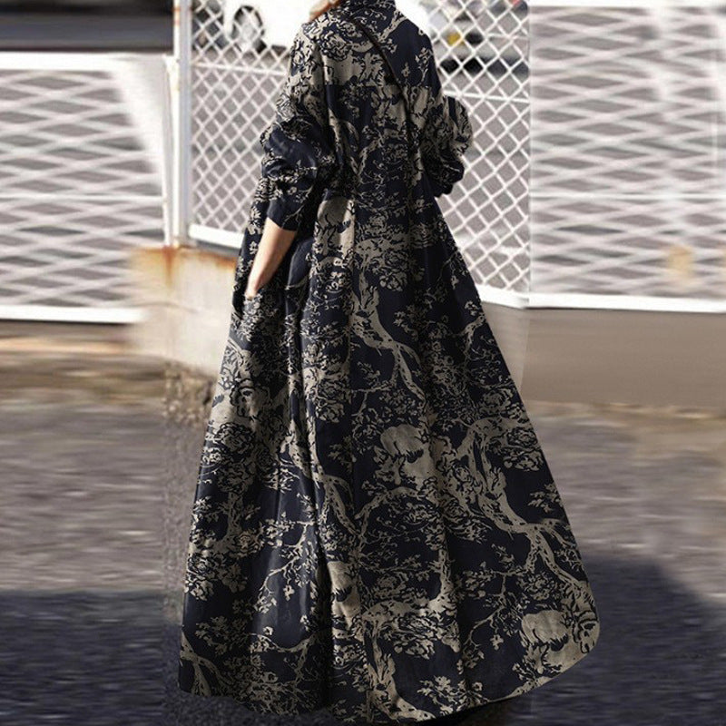 Retro Ethnic Style Autumn Printed Cotton And Linen Dress