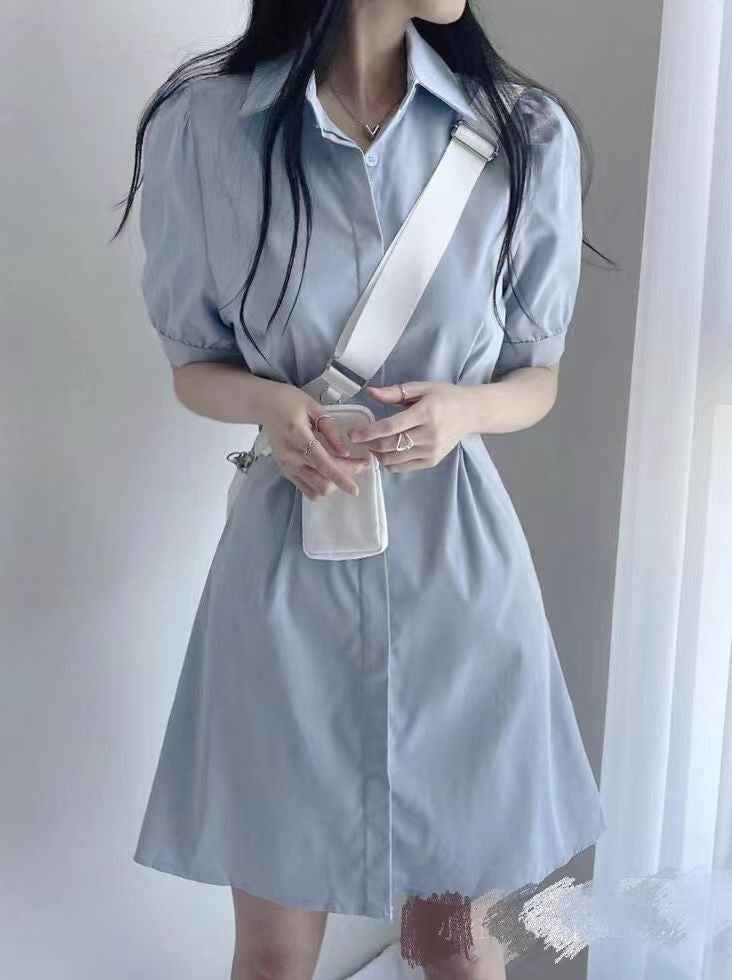 Blue Polo Collar Shirt Dress Women