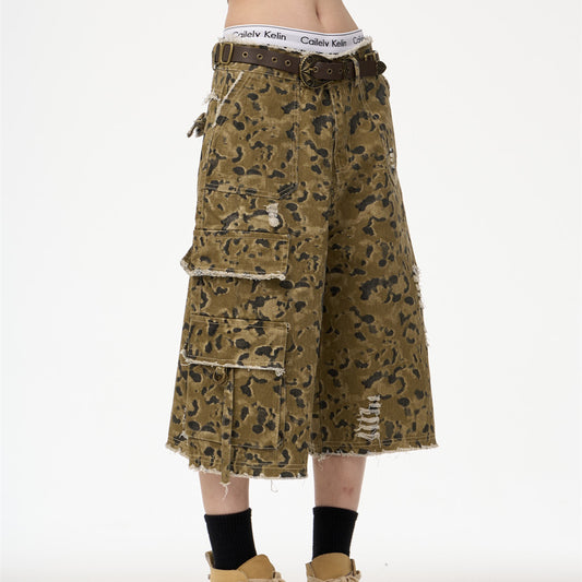Retro Street Leopard Camouflage Workwear Denim Cropped Pants