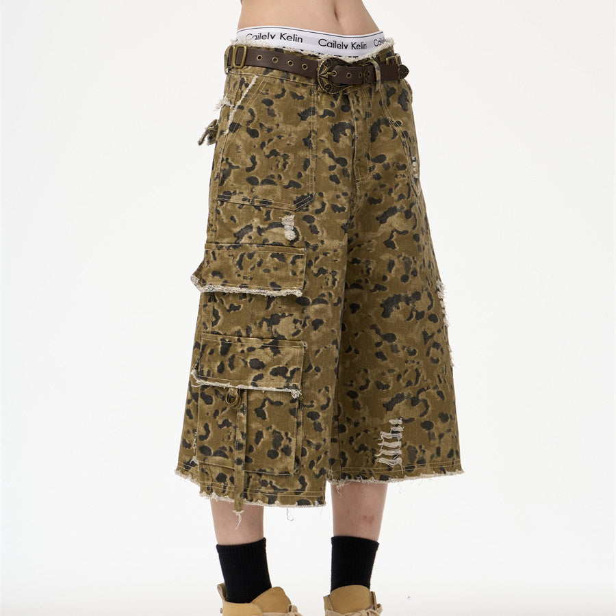 Retro Street Leopard Camouflage Workwear Denim Cropped Pants