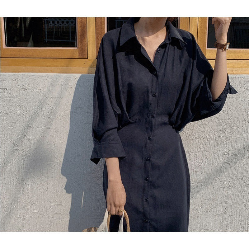 Loose Slimming Shirt Long Skirt Over The Knee French Retro Cotton Linen Dress