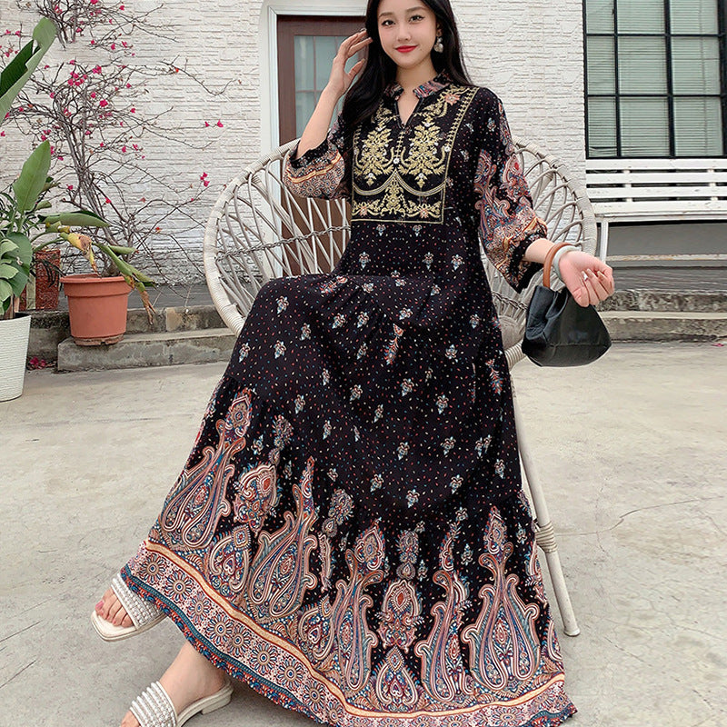 Long Skirt, Ethnic Style Dress, Women's Summer Cotton Silk Floral Print