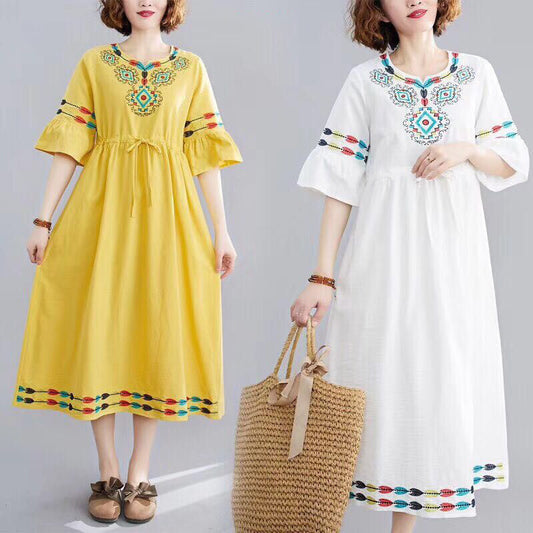 Ethnic Style Women's Short-sleeved Cotton And Linen Embroidered Dress