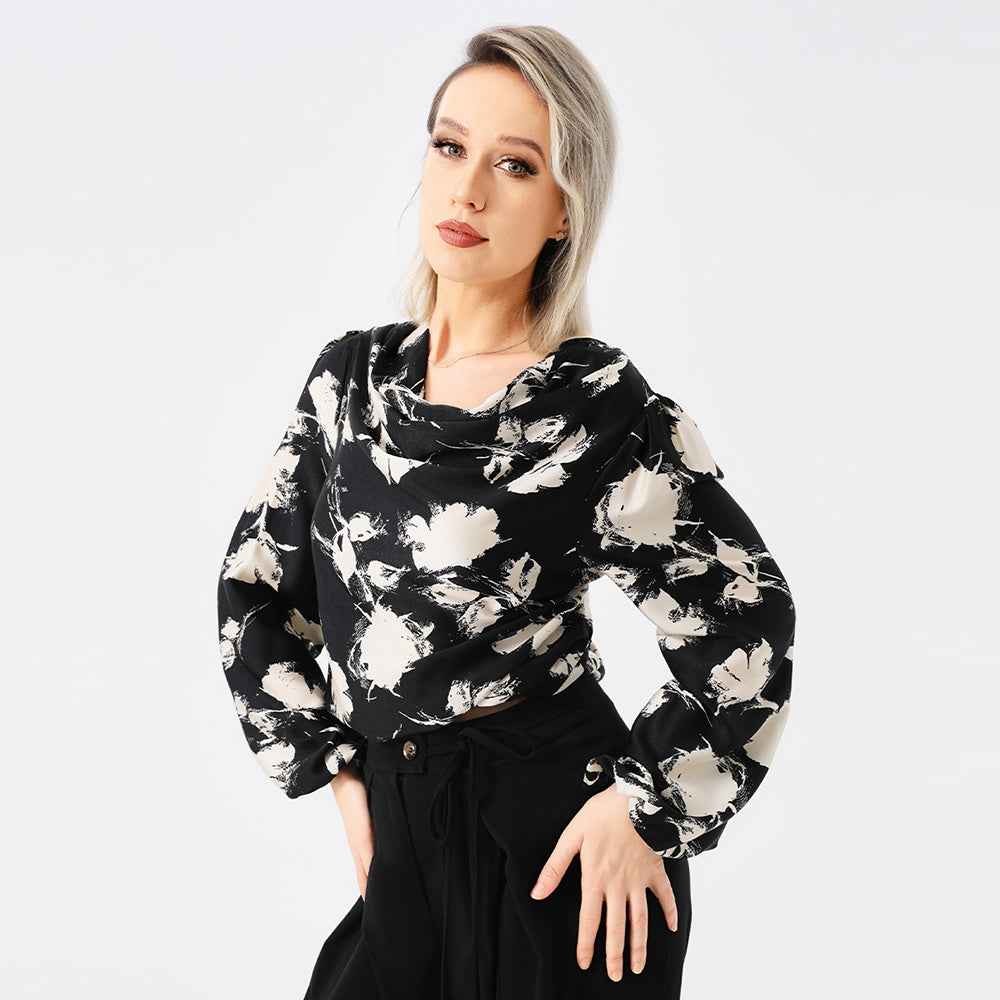 Elegant Ladies Print Front Drop Collar Blouse