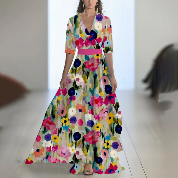 Printed Long Sleeved V-neck Patchwork Dress - BabynBeauty