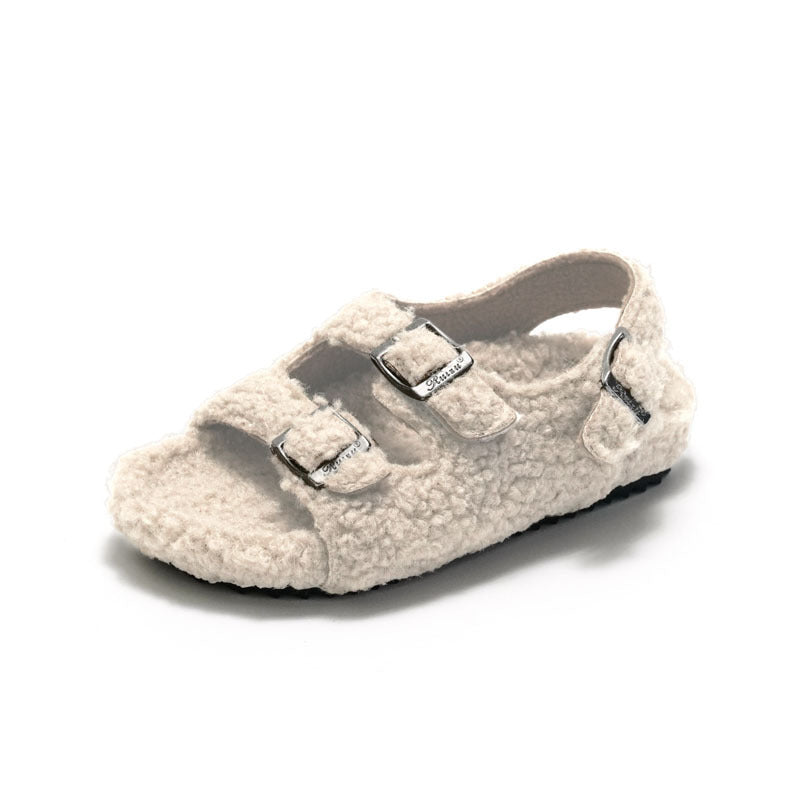 Fleece-lined Children Cork Sandals Woolen Slipper