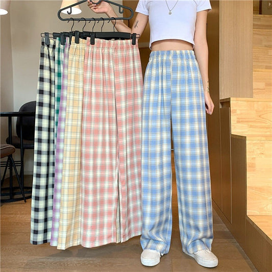 Plaid Wide Leg Pants Women Casual Pants - BabynBeauty