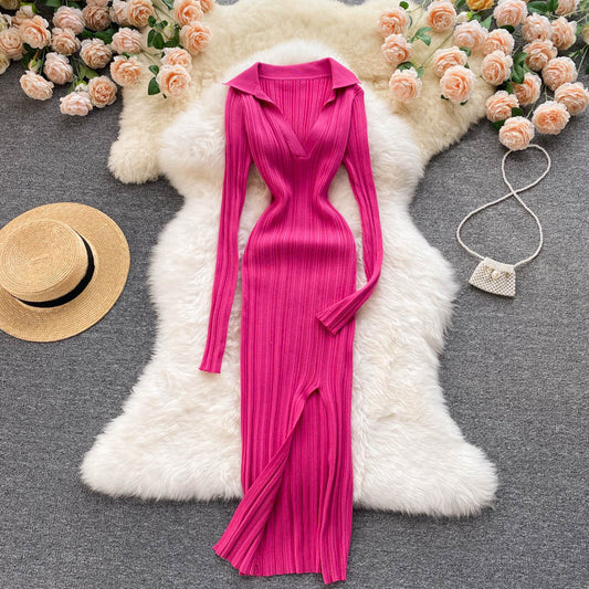 Feminine Waist And Hip Stretch Knitted Long Sleeved Split Hip Skirt