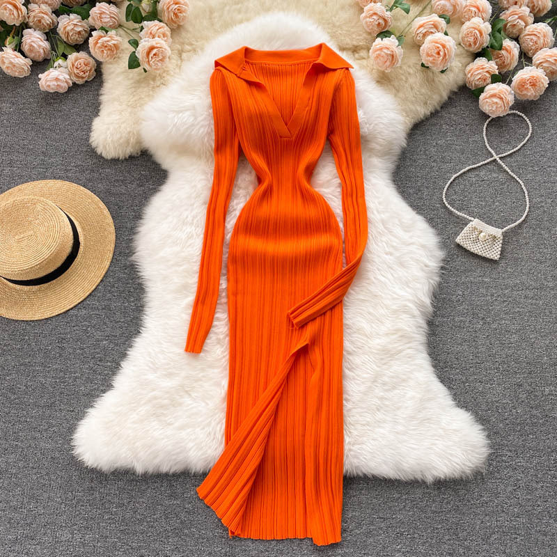 Feminine Waist And Hip Stretch Knitted Long Sleeved Split Hip Skirt