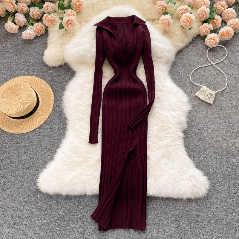 Feminine Waist And Hip Stretch Knitted Long Sleeved Split Hip Skirt