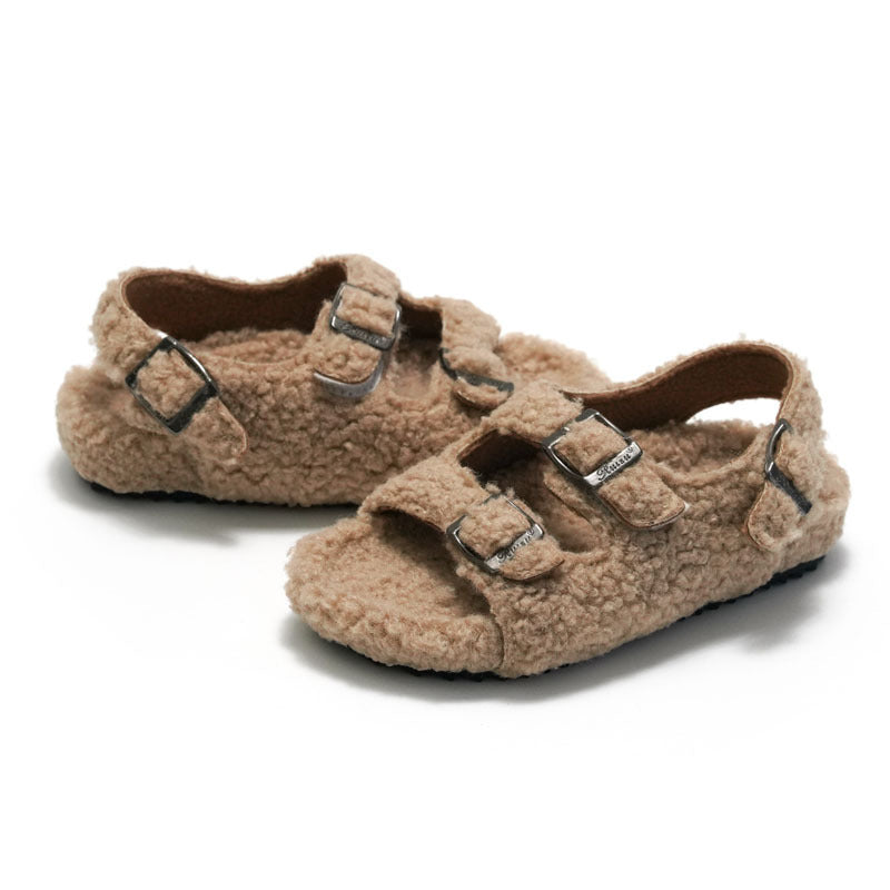 Fleece-lined Children Cork Sandals Woolen Slipper