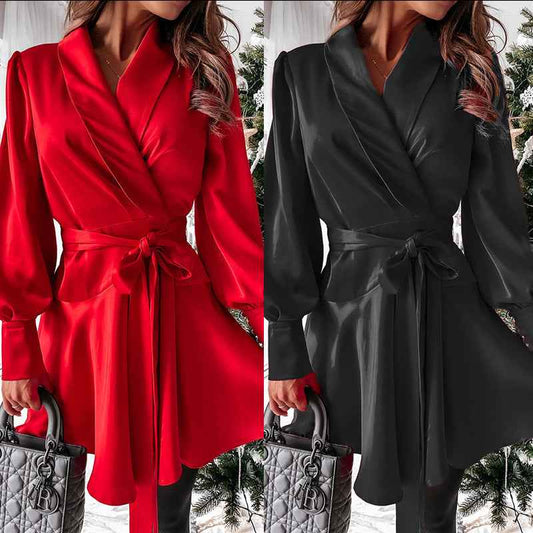 New Women's Casual Fashion Solid Color Shirt Dress Women