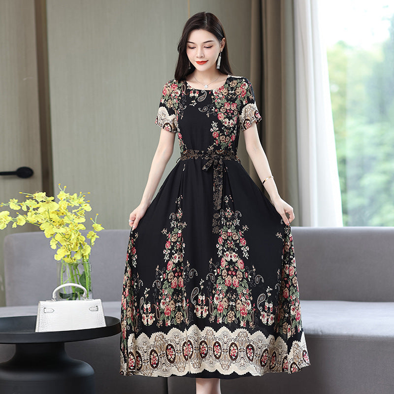 Women's Noil Poplin Dress Ethnic Style Summer Artificial Cotton Slim Fit Large Swing Skirt Short Sleeve