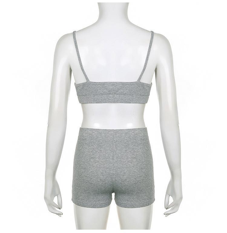 Knitted Zipper Sweater V-neck Triangle Cup Bra Shorts Casual Three-piece Suit