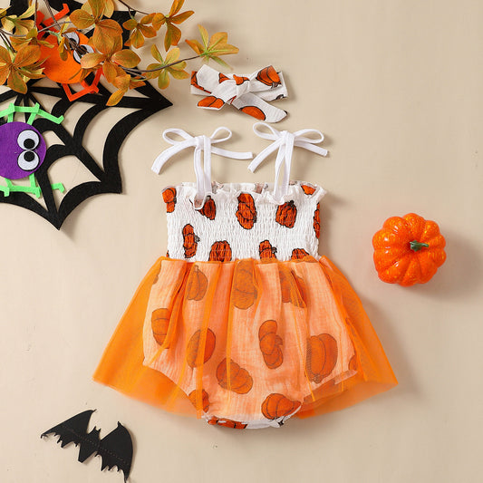 New Baby Girl Halloween Mesh Slip Dress Triangle Rompers Headwear