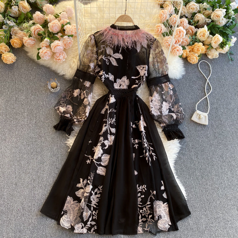 Heavy Industry Embroidered Flowers Ostrich Fur Lace Dress - BabynBeauty