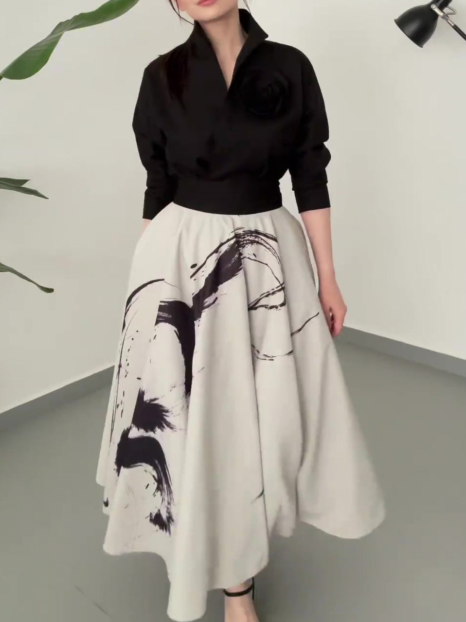 Black Floral Long Sleeve Tie Shirt