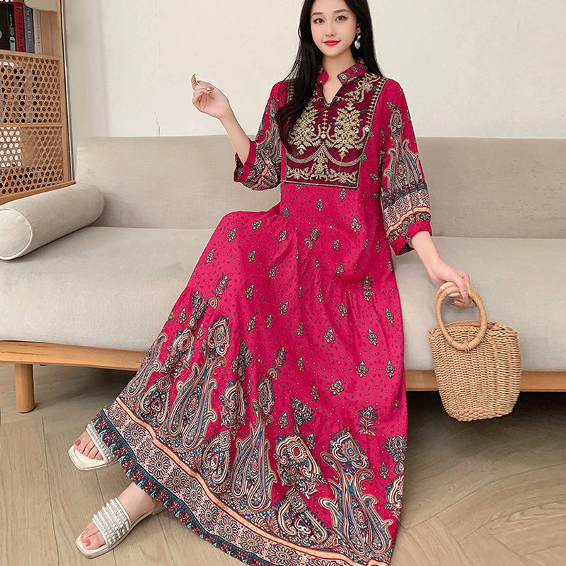 Long Skirt, Ethnic Style Dress, Women's Summer Cotton Silk Floral Print
