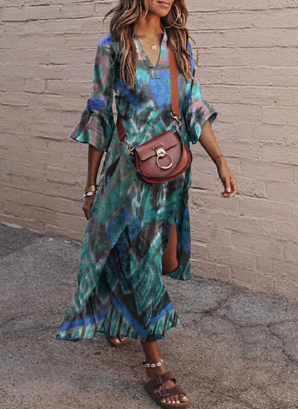Women's Ethnic V-Neck Flared Sleeve Print Dress
