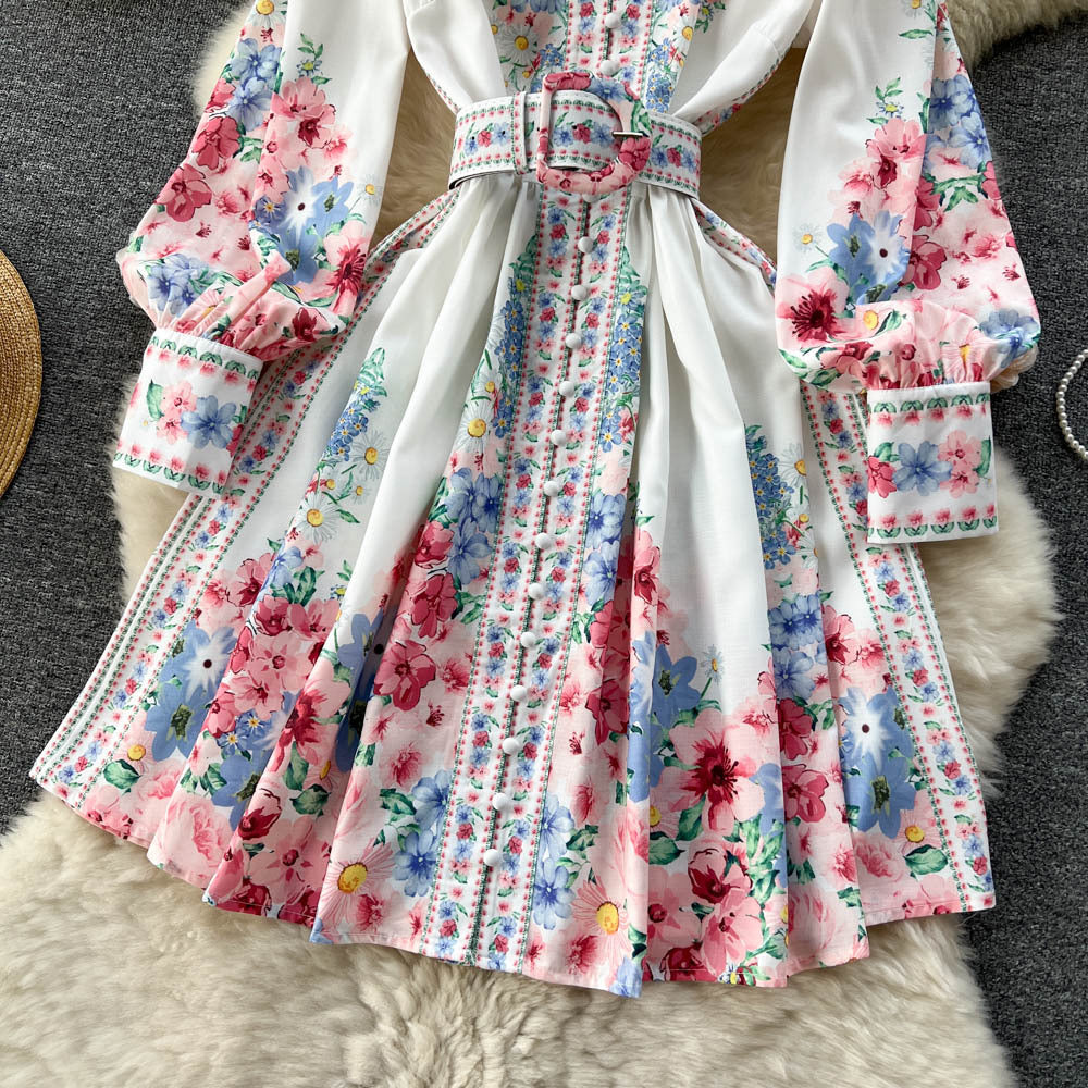 Retro Ethnic Style Stand Collar Single-breasted Lantern Sleeve Dress
