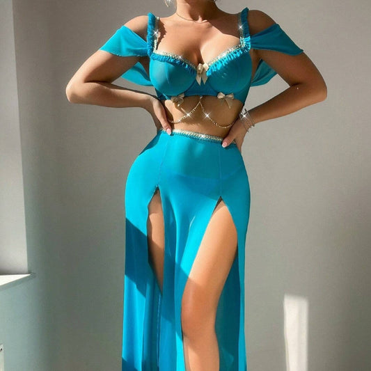 European And American Sexy Bow Chain Sling Pure Desire High Slit Skirt Sexy Lingerie Suit