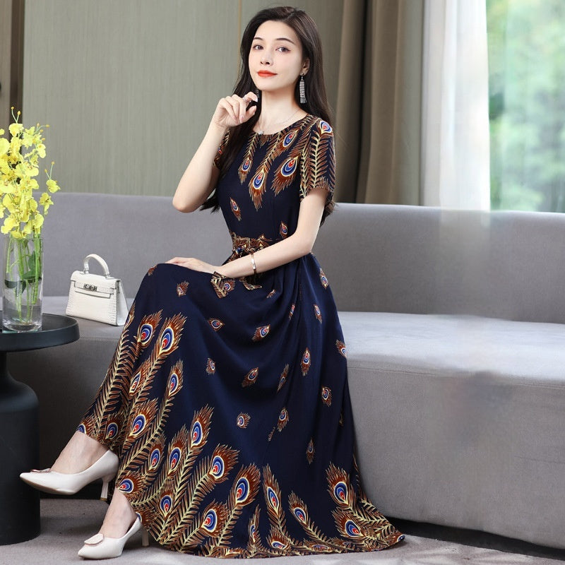 Women's Noil Poplin Dress Ethnic Style Summer Artificial Cotton Slim Fit Large Swing Skirt Short Sleeve