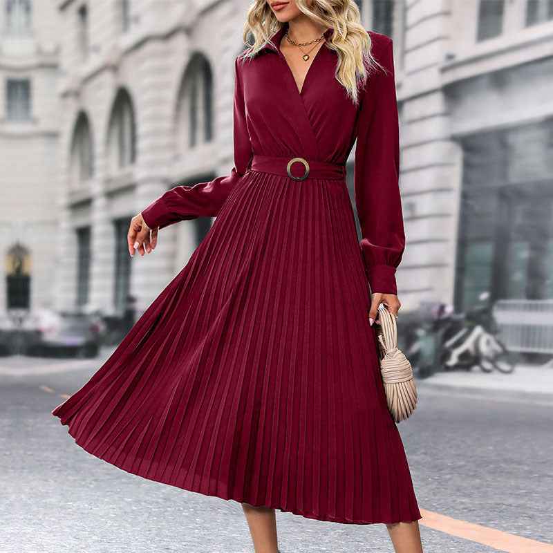 Lapel Shirt Women Pleated Long Sleeve Dress