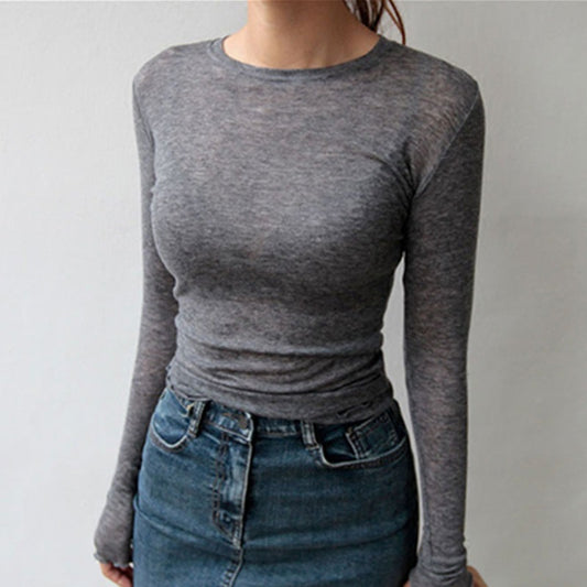 Micro-transparent Simple Slim Sexy Long-sleeved T-shirt Bottoming Shirt