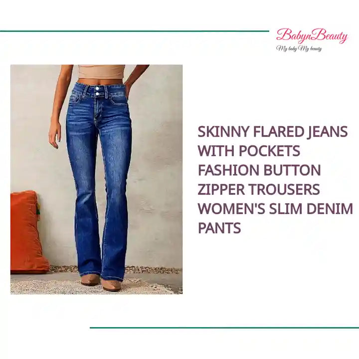 Skinny Flared Jeans With Pockets Fashion Button Zipper Trousers Women&#039;s Slim Denim Pants by@Outfy