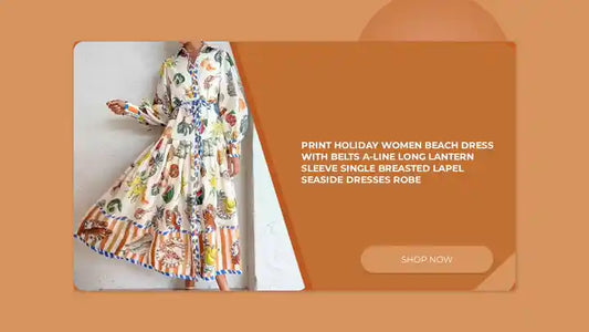 Print Holiday Women Beach Dress With Belts A-Line Long Lantern Sleeve Single Breasted Lapel Seaside Dresses Robe by@Outfy
